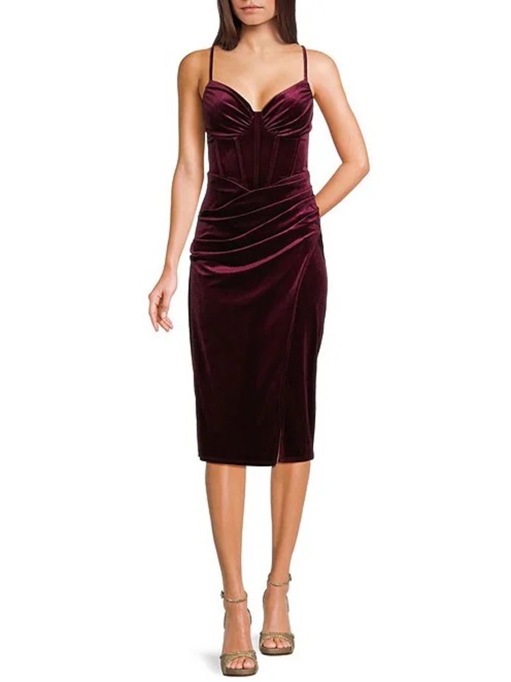B. Darlin Velvet Bustier Bodice Front Slit Midi Dress